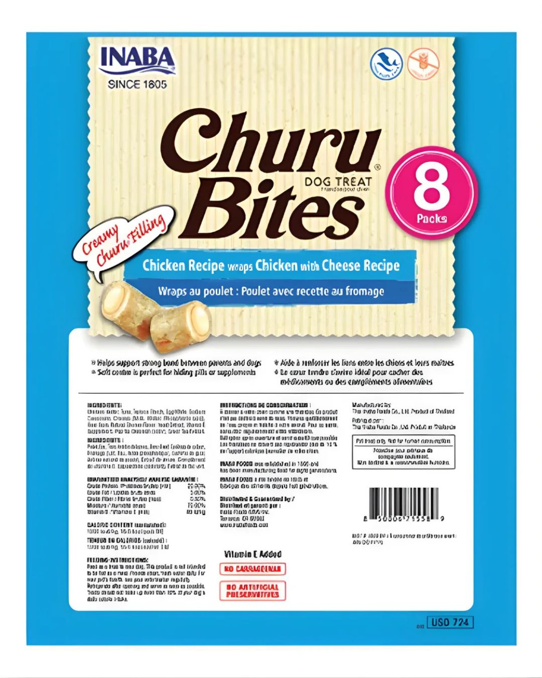 Snack Inaba Churu Bites Pollo y Queso Wraps para perro pack de 8