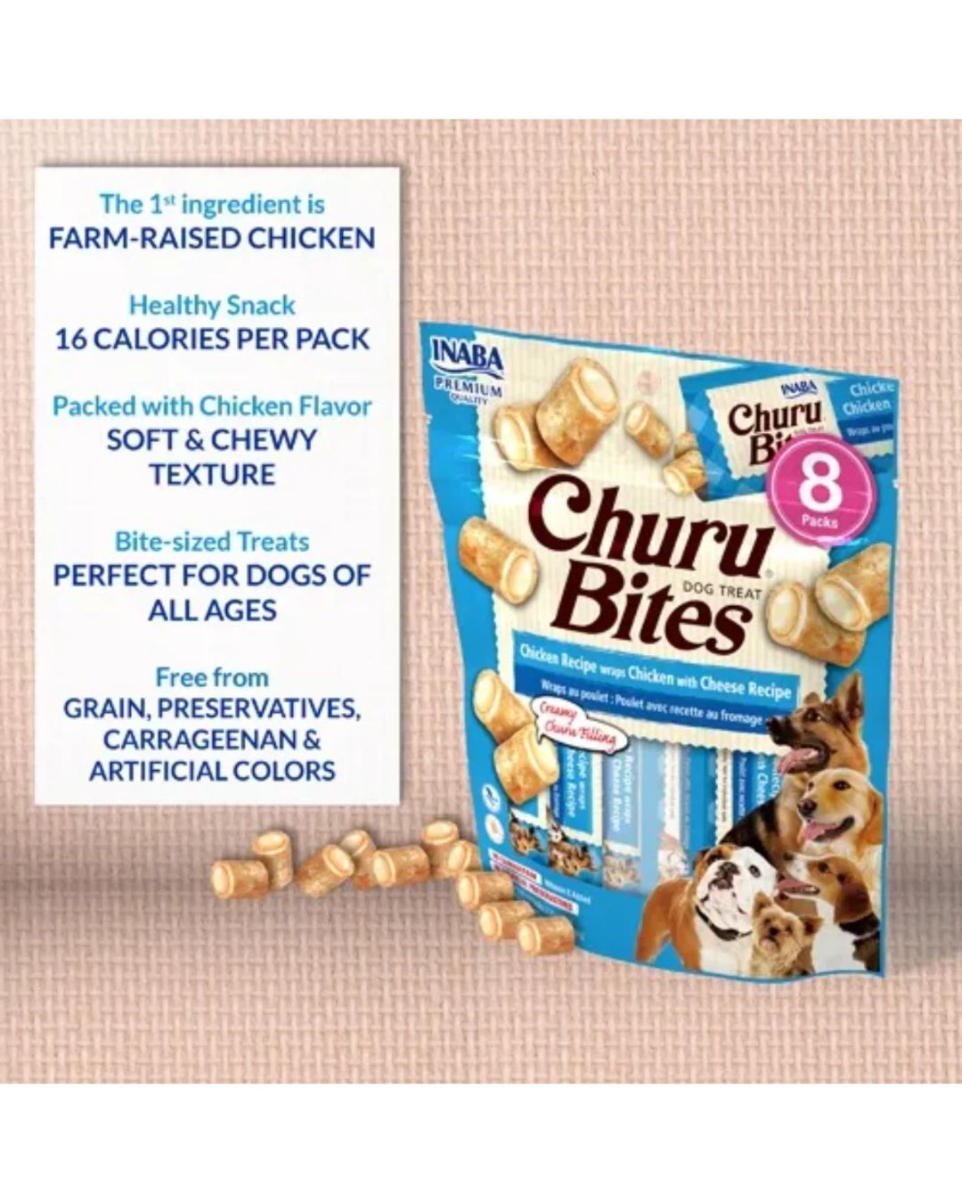 Snack Inaba Churu Bites Pollo y Queso Wraps para perro pack de 8